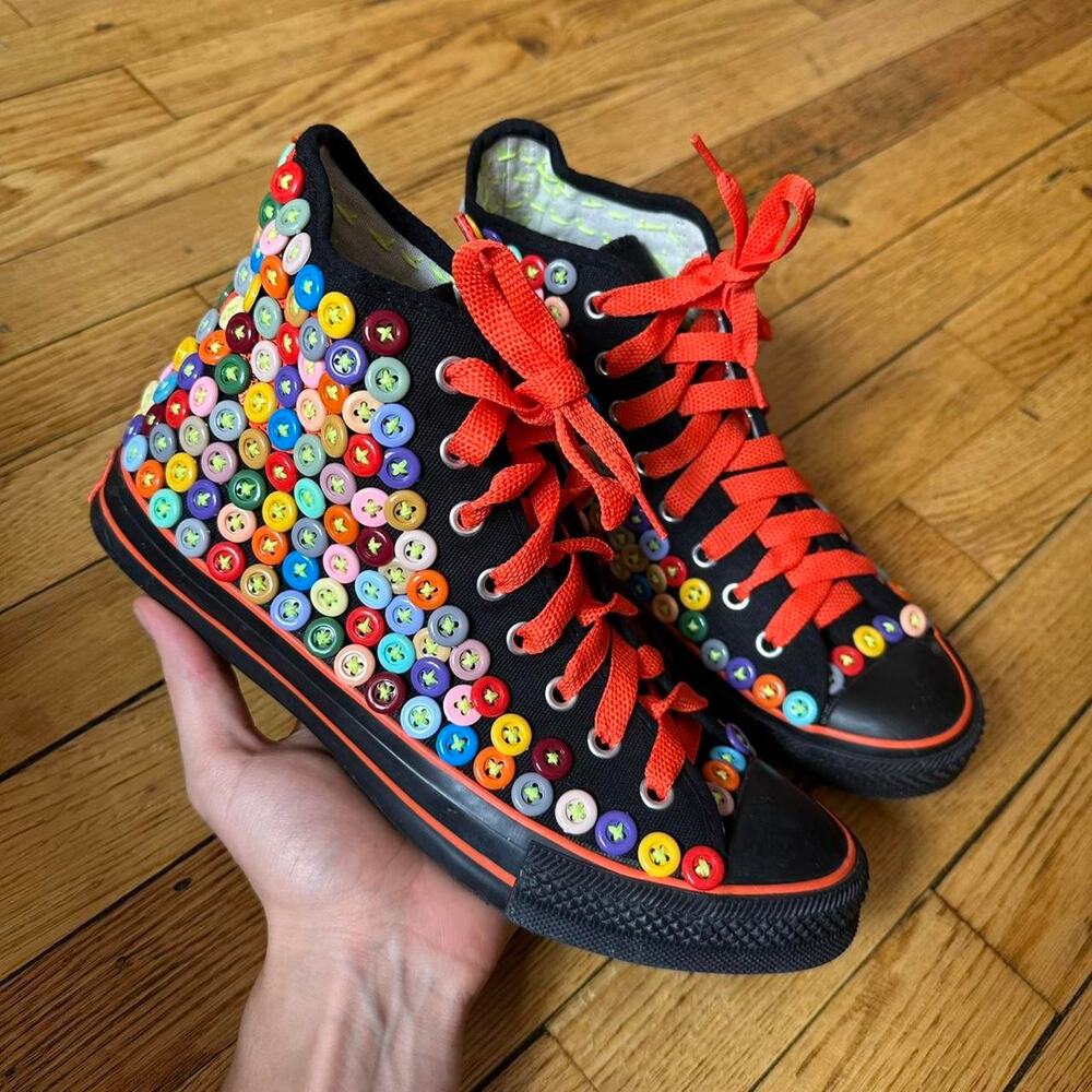 Black Button Hand Sewn Chuck Taylor Style Hi Top Shoes - Picture 1 of 8